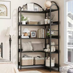 Bibliothèque d'angle en L à cinq niveaux avec étagères de rangement en bois et métal. Meuble de rangement peu encombrant adapté aux salons et aux chambres.
