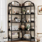 Five-tier L-shaped corner bookshelf with wood and metal storage shelves. Space-saving office display unit suitable for living rooms and bedrooms.