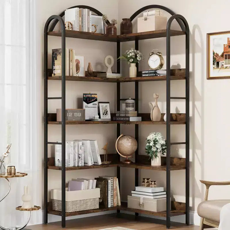 Bibliothèque d'angle en L à cinq niveaux avec étagères de rangement en bois et métal. Meuble de rangement peu encombrant adapté aux salons et aux chambres.