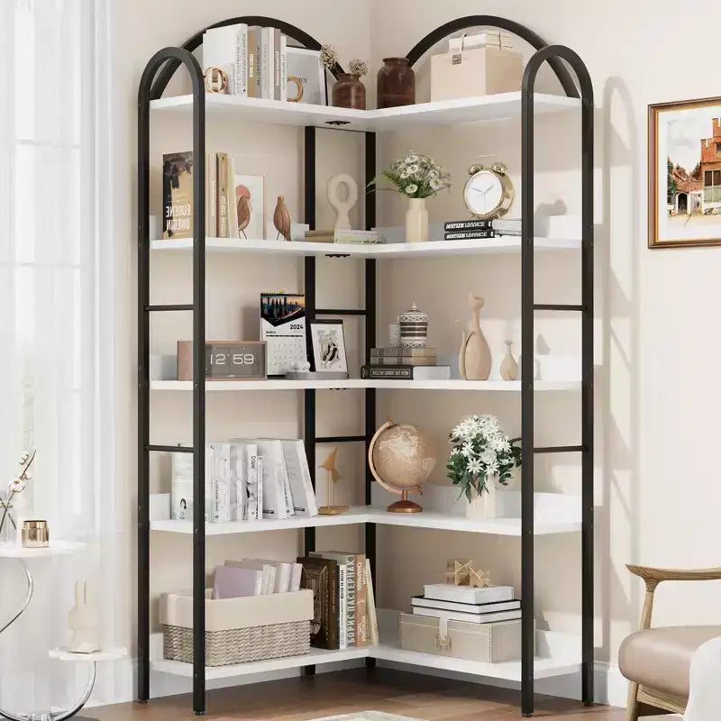 Bibliothèque d'angle en L à cinq niveaux avec étagères de rangement en bois et métal. Meuble de rangement peu encombrant adapté aux salons et aux chambres.
