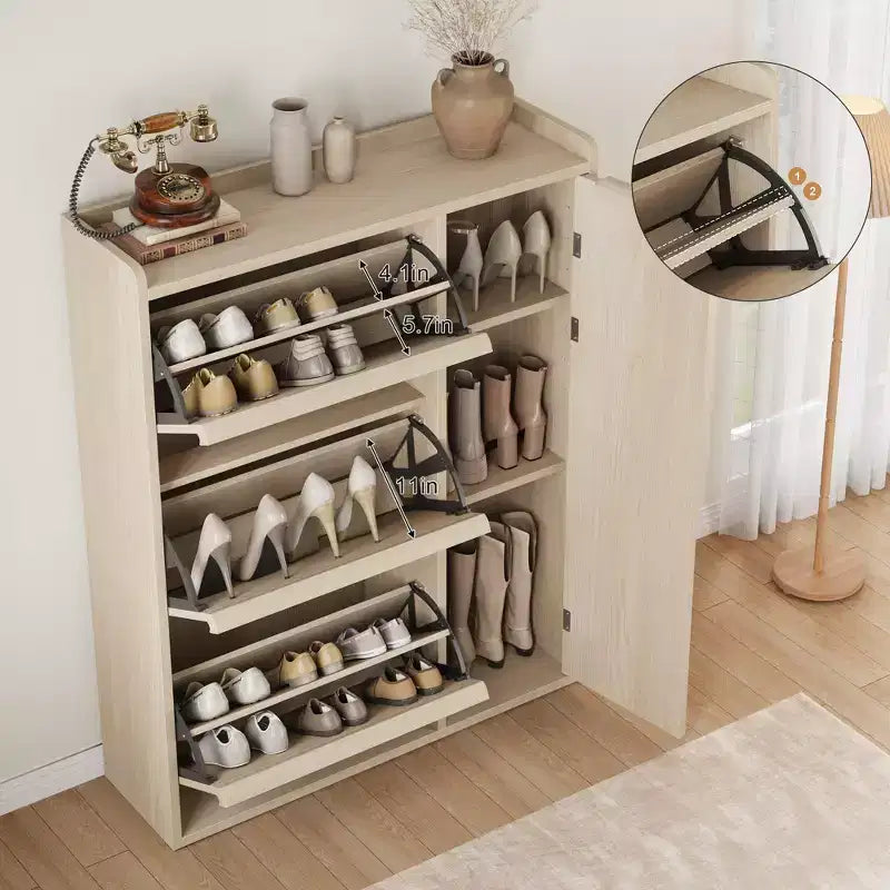 Meuble à chaussures basculant avec étagères en bois réglables, idéal pour les entrées, les couloirs et les salons comme solution de rangement de chaussures discrète.