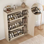 Meuble à chaussures basculant avec étagères en bois réglables, idéal pour les entrées, les couloirs et les salons comme solution de rangement de chaussures discrète.