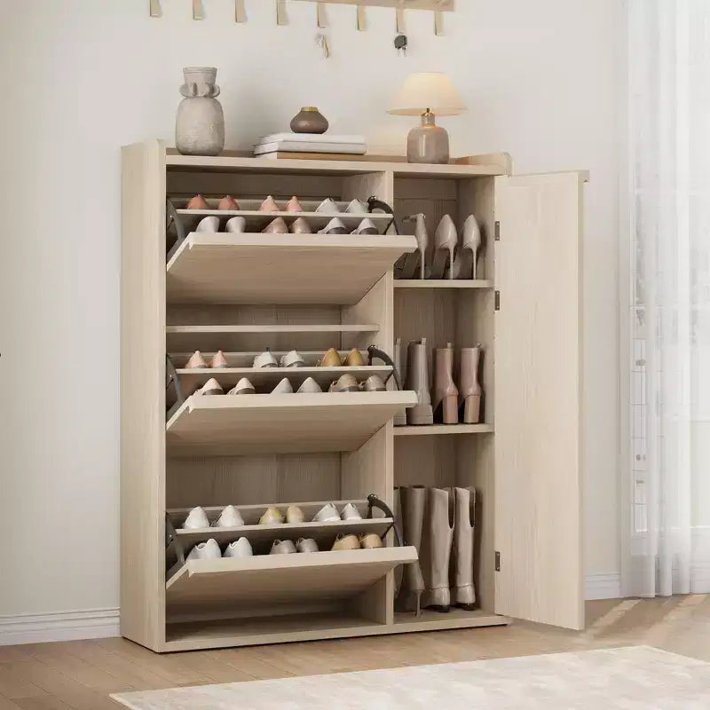 Meuble à chaussures basculant avec étagères en bois réglables, idéal pour les entrées, les couloirs et les salons comme solution de rangement de chaussures discrète.