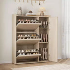 Meuble à chaussures basculant avec étagères en bois réglables, idéal pour les entrées, les couloirs et les salons comme solution de rangement de chaussures discrète.