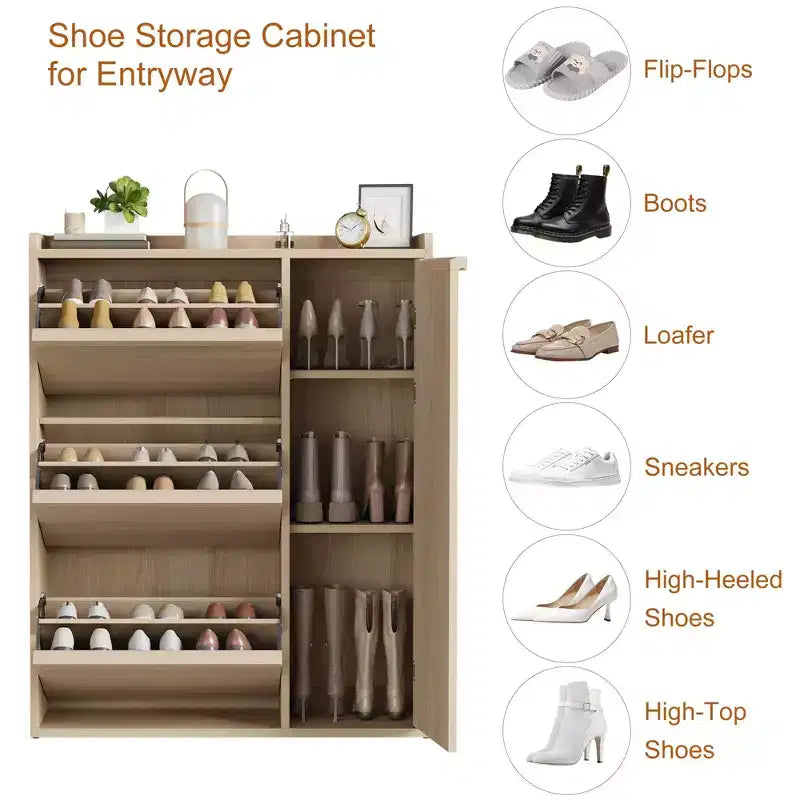 Meuble à chaussures basculant avec étagères en bois réglables, idéal pour les entrées, les couloirs et les salons comme solution de rangement de chaussures discrète.