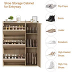 Meuble à chaussures basculant avec étagères en bois réglables, idéal pour les entrées, les couloirs et les salons comme solution de rangement de chaussures discrète.