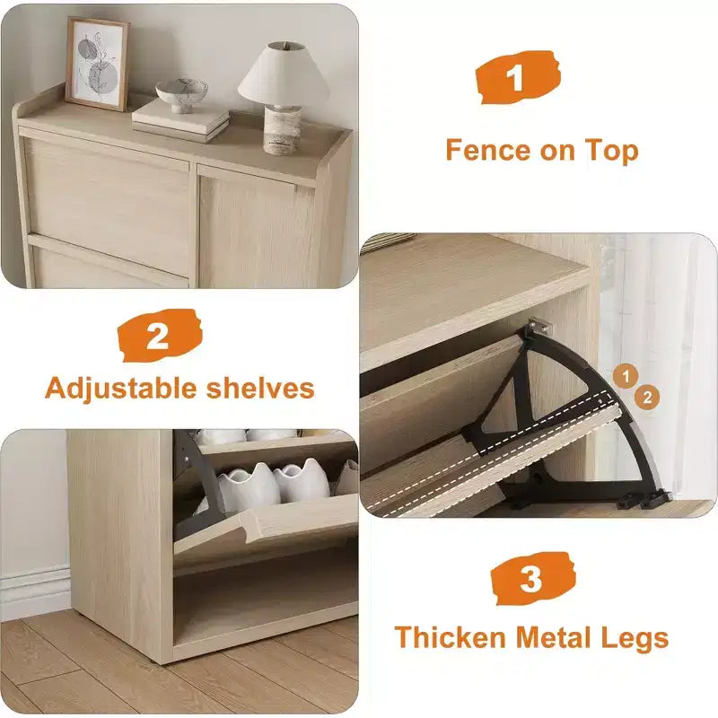 Meuble à chaussures basculant avec étagères en bois réglables, idéal pour les entrées, les couloirs et les salons comme solution de rangement de chaussures discrète.