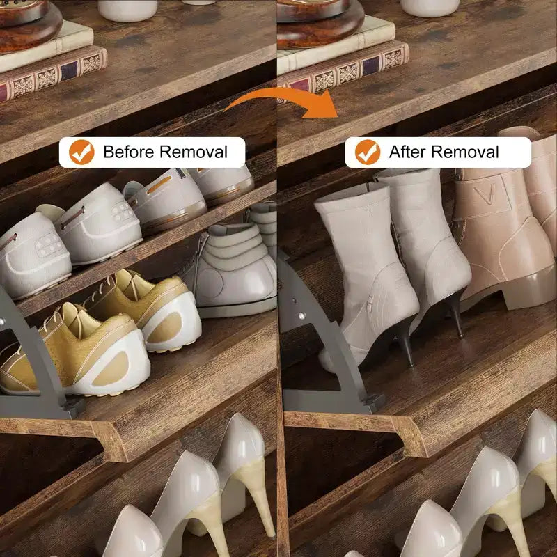 Meuble à chaussures basculant avec étagères en bois réglables, idéal pour les entrées, les couloirs et les salons comme solution de rangement de chaussures discrète.
