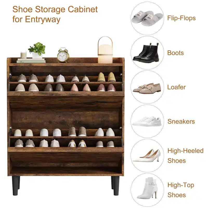 Meuble à chaussures basculant avec étagères en bois réglables, idéal pour les entrées, les couloirs et les salons comme solution de rangement de chaussures discrète.