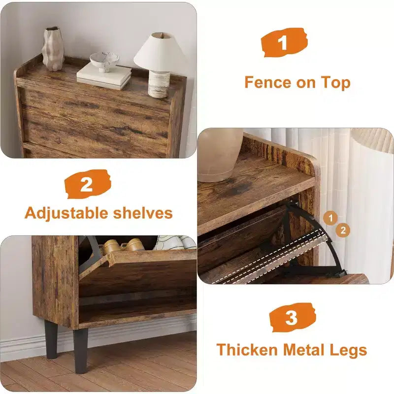 Meuble à chaussures basculant avec étagères en bois réglables, idéal pour les entrées, les couloirs et les salons comme solution de rangement de chaussures discrète.
