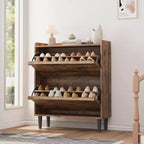 Meuble à chaussures basculant avec étagères en bois réglables, idéal pour les entrées, les couloirs et les salons comme solution de rangement de chaussures discrète.