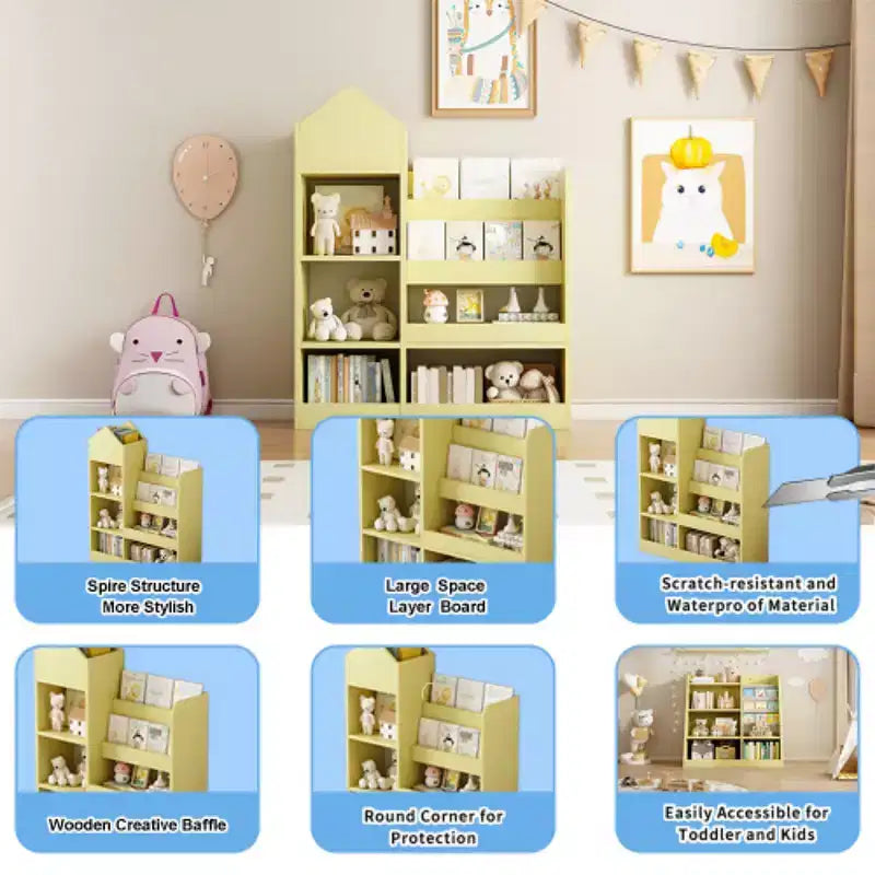 Étagère de rangement en bois avec bibliothèque, unité de rangement avec 6 compartiments, 2 paniers et boîtes de rangement