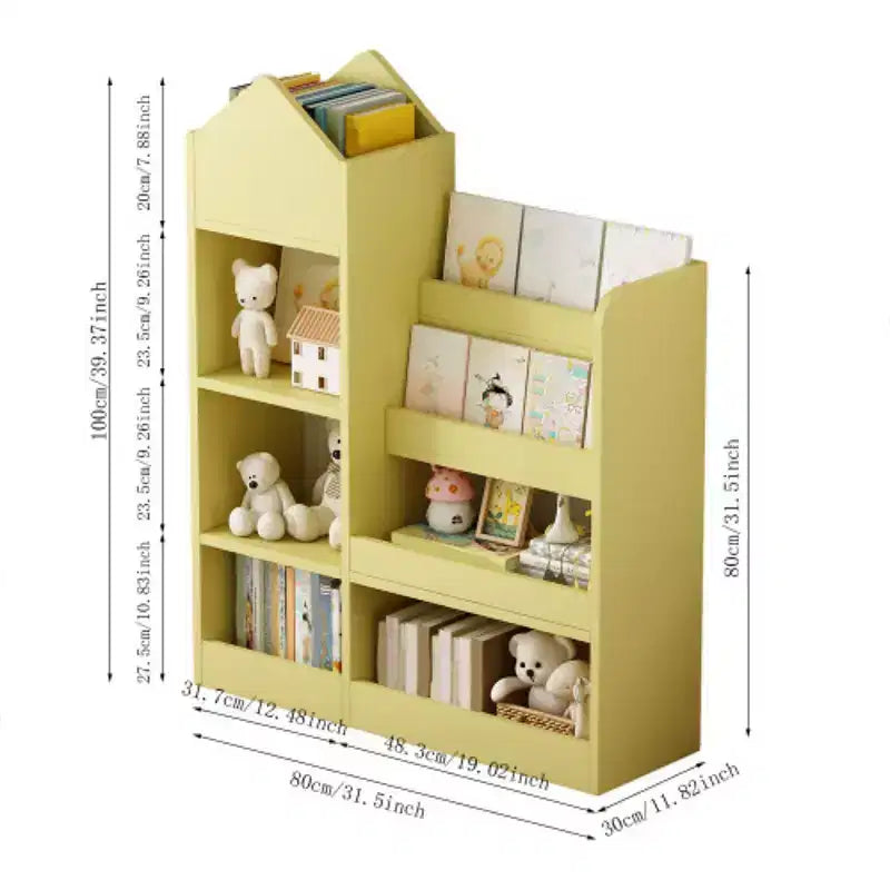 Étagère de rangement en bois avec bibliothèque, unité de rangement avec 6 compartiments, 2 paniers et boîtes de rangement