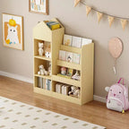 Étagère de rangement en bois avec bibliothèque, unité de rangement avec 6 compartiments, 2 paniers et boîtes de rangement