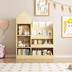Wooden Bookshelf Storage Organizer with Bookcase, 's Bin Storage Unit with 6 Compartments 2 Baskets Bins Box Organizer