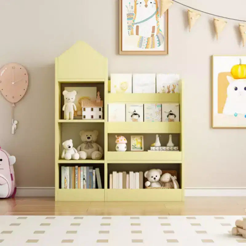 Étagère de rangement en bois avec bibliothèque, unité de rangement avec 6 compartiments, 2 paniers et boîtes de rangement