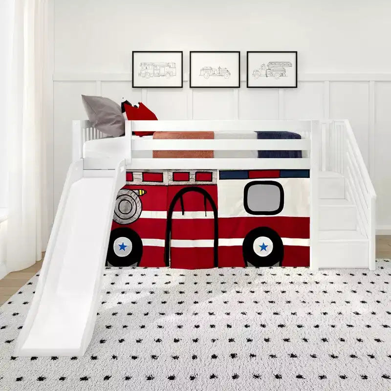 Lit mezzanine jumeau avec escalier, toboggan facile et rideau de camion de pompiers