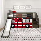 Lit mezzanine jumeau avec escalier, toboggan facile et rideau de camion de pompiers