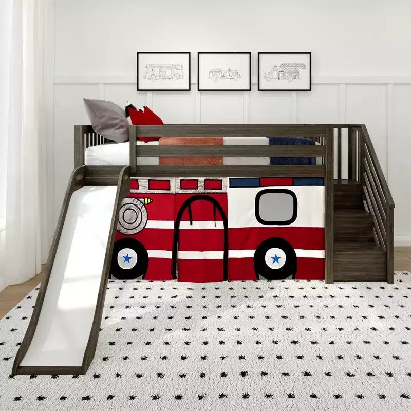 Lit mezzanine jumeau avec escalier, toboggan facile et rideau de camion de pompiers