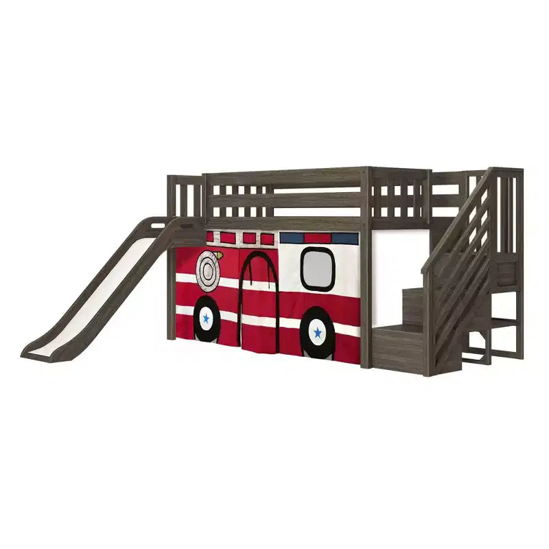 Lit mezzanine jumeau avec escalier, toboggan facile et rideau de camion de pompiers