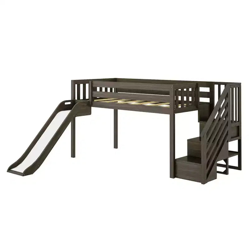 Lit mezzanine jumeau avec escalier, toboggan facile et rideau de camion de pompiers