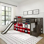 Lit mezzanine jumeau avec escalier, toboggan facile et rideau de camion de pompiers