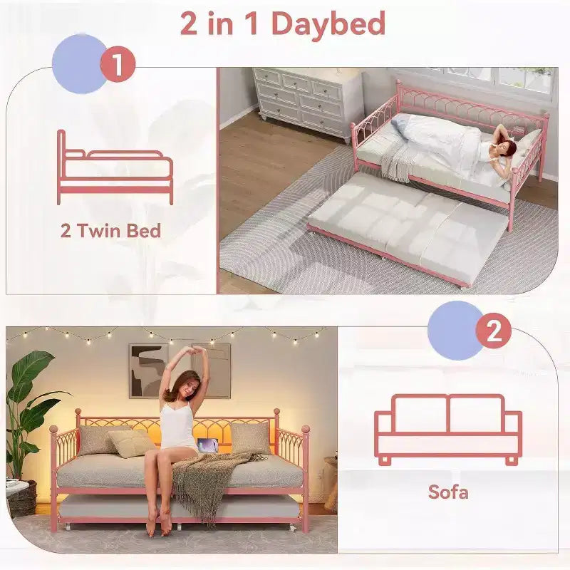 Lit de repos en métal une place avec lit gigogne, cadre de canapé-lit avec support en lattes d'acier, lit gigogne une place pour petits espaces, chambre à coucher, appartement