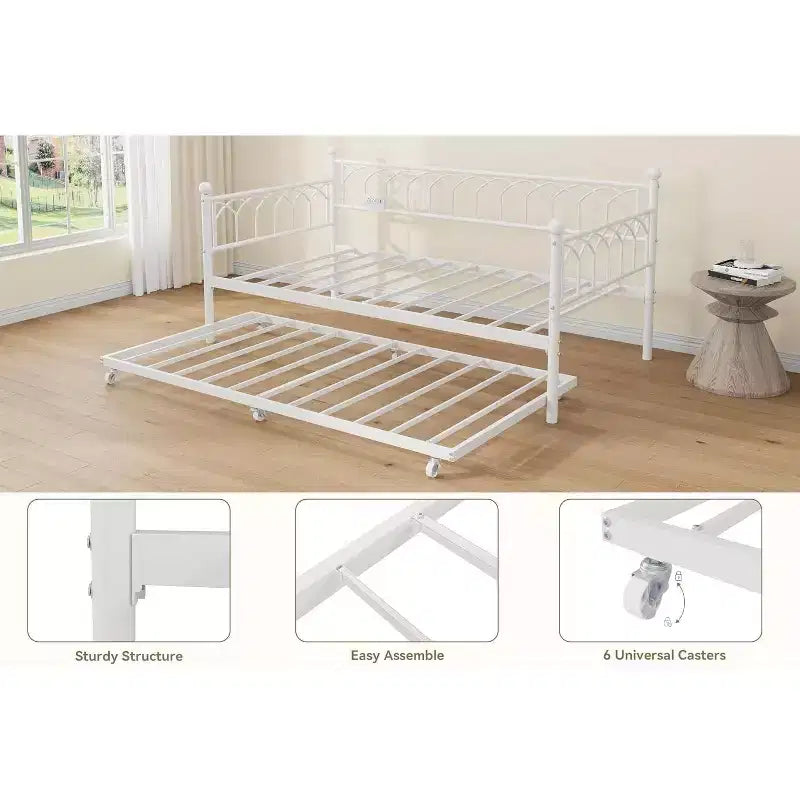 Lit de repos en métal une place avec lit gigogne, cadre de canapé-lit avec support en lattes d'acier, lit gigogne une place pour petits espaces, chambre à coucher, appartement