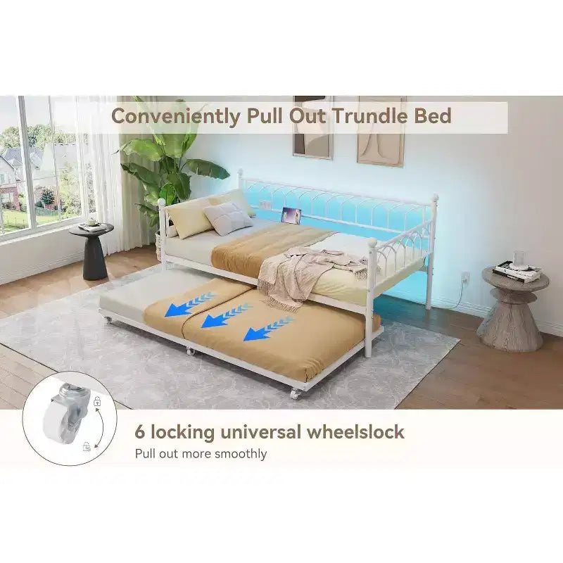 Lit de repos en métal une place avec lit gigogne, cadre de canapé-lit avec support en lattes d'acier, lit gigogne une place pour petits espaces, chambre à coucher, appartement