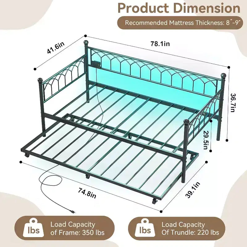 Lit de repos en métal une place avec lit gigogne, cadre de canapé-lit avec support en lattes d'acier, lit gigogne une place pour petits espaces, chambre à coucher, appartement