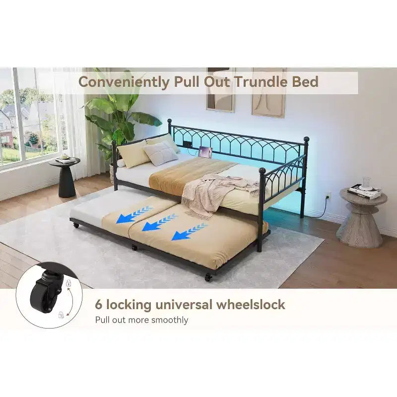 Lit de repos en métal une place avec lit gigogne, cadre de canapé-lit avec support en lattes d'acier, lit gigogne une place pour petits espaces, chambre à coucher, appartement