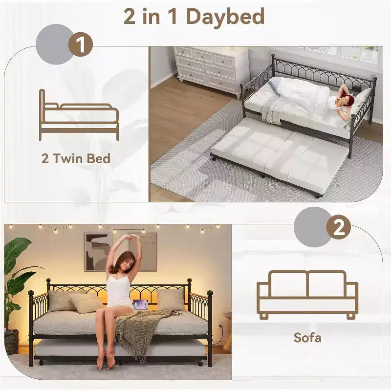 Lit de repos en métal une place avec lit gigogne, cadre de canapé-lit avec support en lattes d'acier, lit gigogne une place pour petits espaces, chambre à coucher, appartement