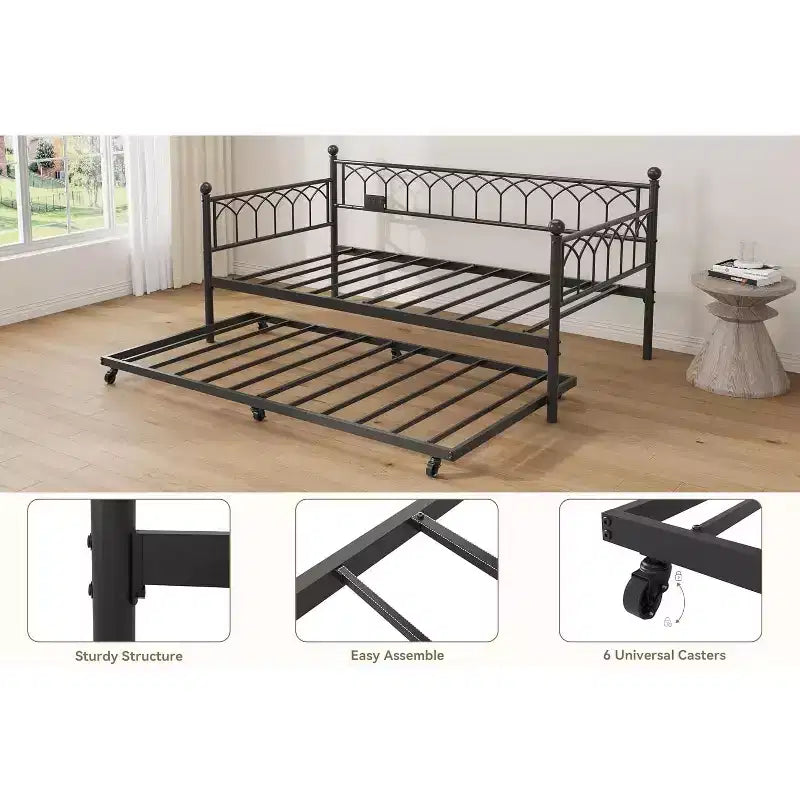 Lit de repos en métal une place avec lit gigogne, cadre de canapé-lit avec support en lattes d'acier, lit gigogne une place pour petits espaces, chambre à coucher, appartement