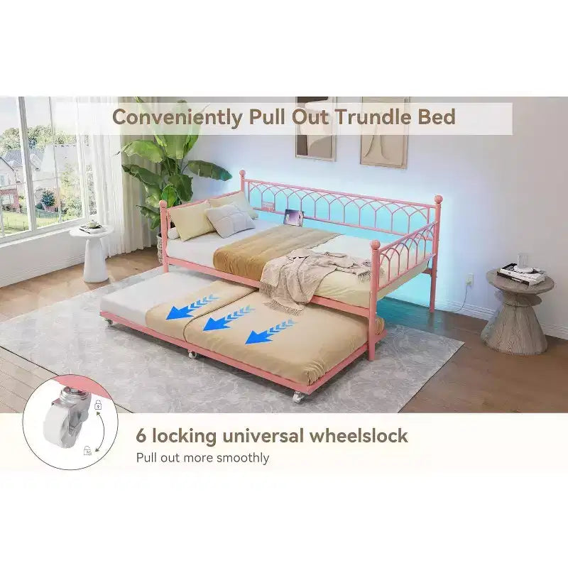 Lit de repos en métal une place avec lit gigogne, cadre de canapé-lit avec support en lattes d'acier, lit gigogne une place pour petits espaces, chambre à coucher, appartement