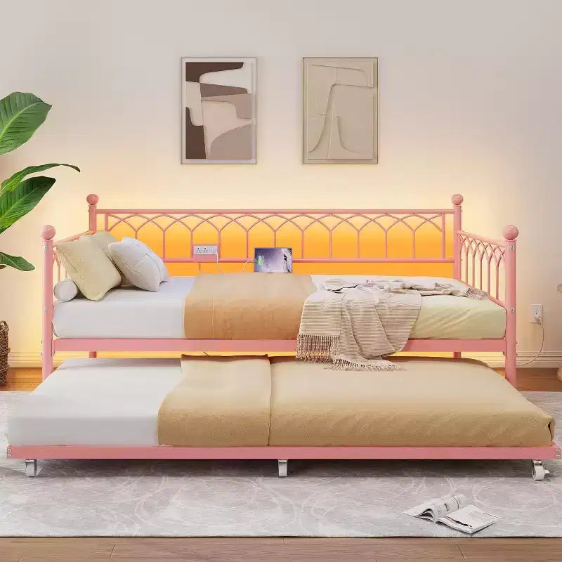 Lit de repos en métal une place avec lit gigogne, cadre de canapé-lit avec support en lattes d'acier, lit gigogne une place pour petits espaces, chambre à coucher, appartement