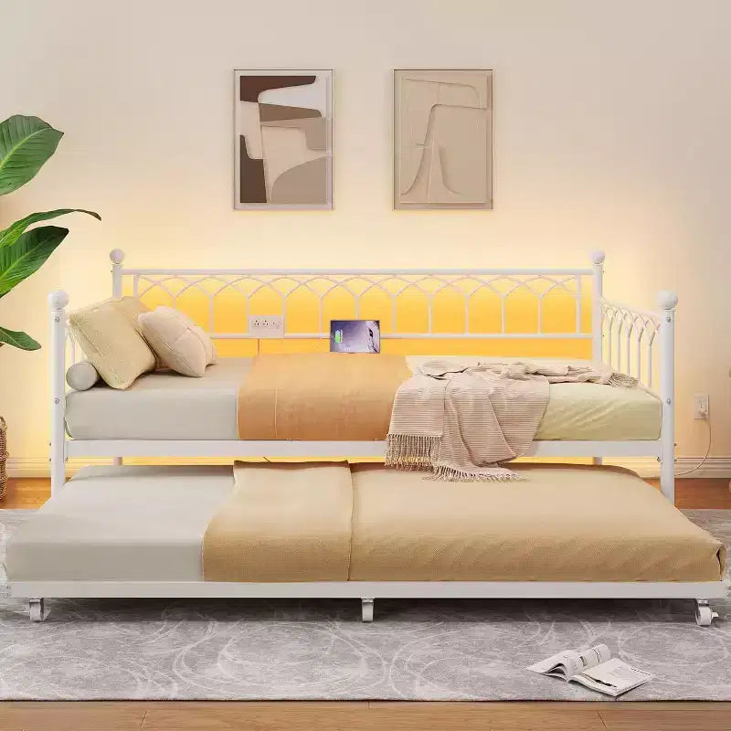 Lit de repos en métal une place avec lit gigogne, cadre de canapé-lit avec support en lattes d'acier, lit gigogne une place pour petits espaces, chambre à coucher, appartement