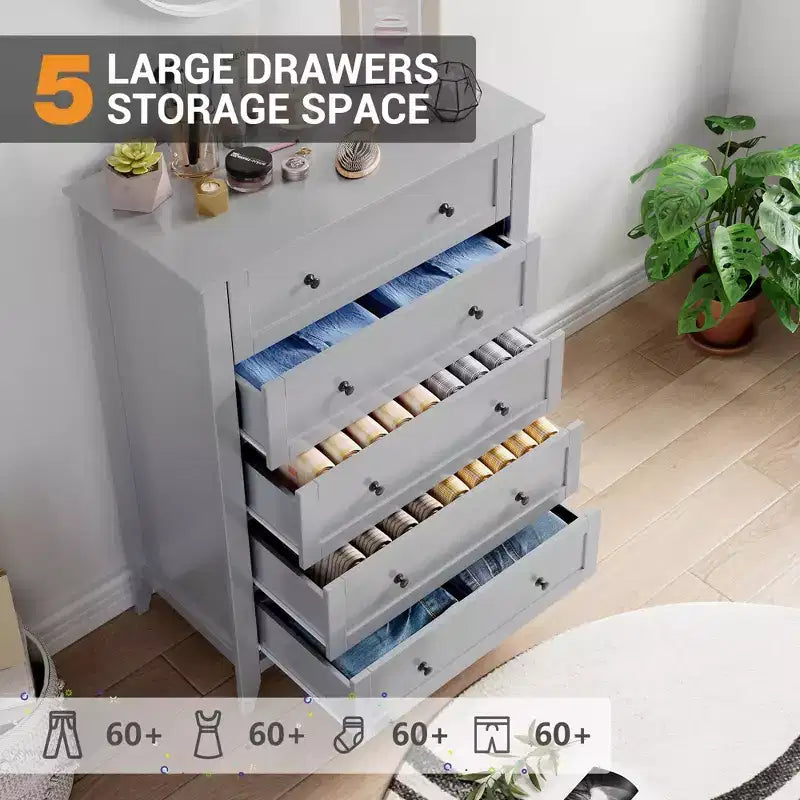 Commode à 5 tiroirs pour chambre à coucher, commode en bois de 80 cm de large avec poignées en métal, chiffonnier haut, organiseur de rangement pour vêtements pour chambre à coucher
