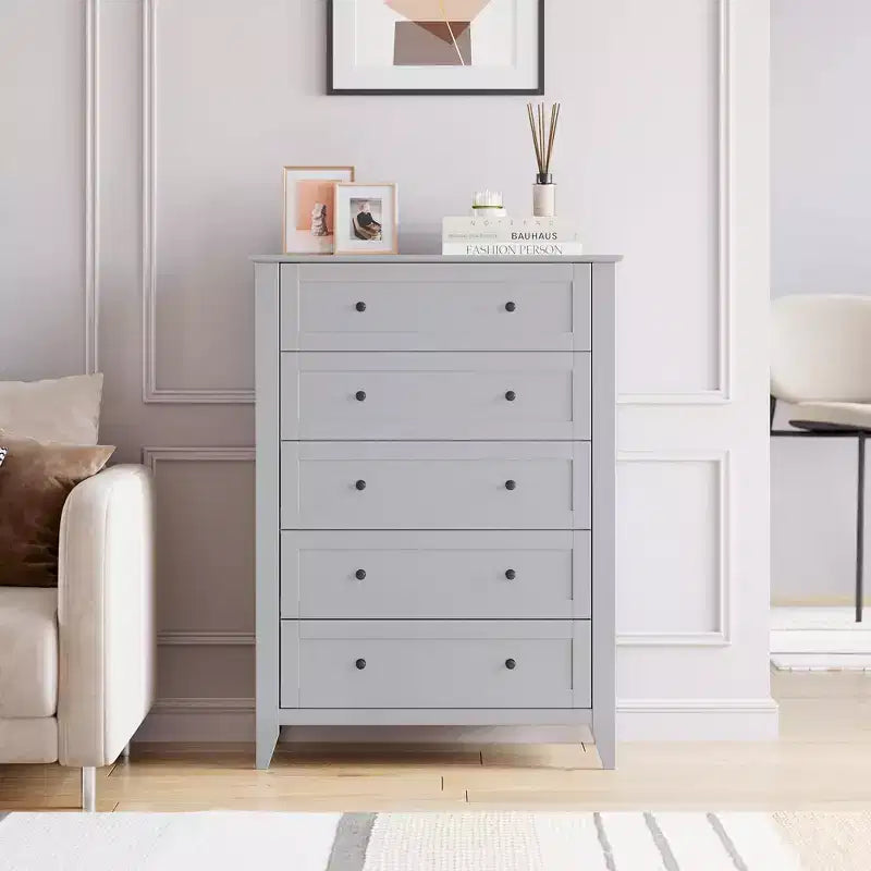 Commode à 5 tiroirs pour chambre à coucher, commode en bois de 80 cm de large avec poignées en métal, chiffonnier haut, organiseur de rangement pour vêtements pour chambre à coucher