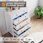Commode à 5 tiroirs pour chambre à coucher, commode en bois de 80 cm de large avec poignées en métal, chiffonnier haut, organiseur de rangement pour vêtements pour chambre à coucher