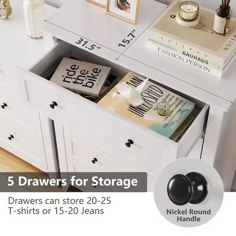 Commode à 5 tiroirs pour chambre à coucher, commode en bois de 80 cm de large avec poignées en métal, chiffonnier haut, organiseur de rangement pour vêtements pour chambre à coucher
