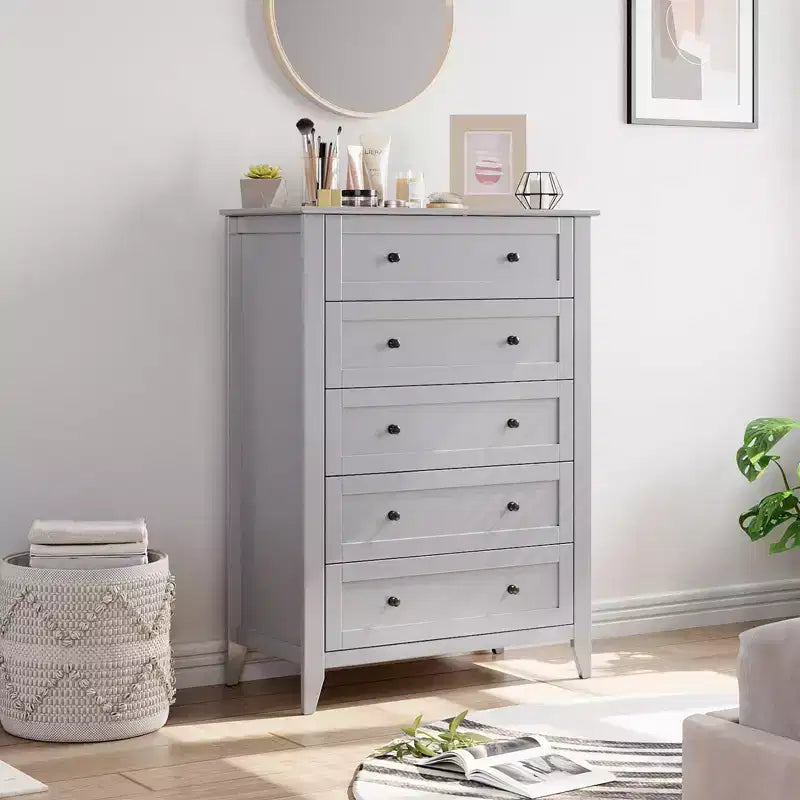 Commode à 5 tiroirs pour chambre à coucher, commode en bois de 80 cm de large avec poignées en métal, chiffonnier haut, organiseur de rangement pour vêtements pour chambre à coucher