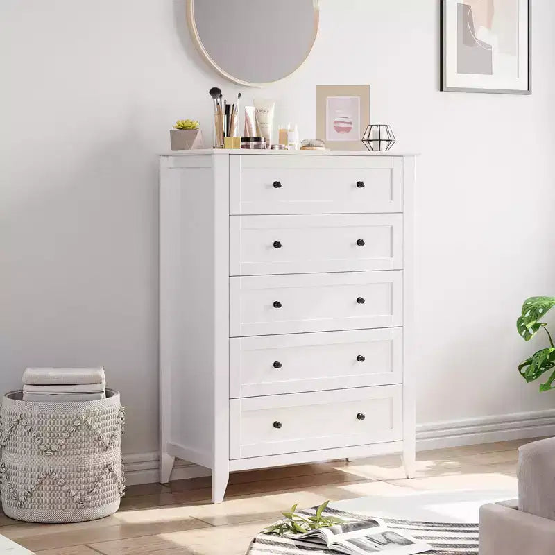 Commode à 5 tiroirs pour chambre à coucher, commode en bois de 80 cm de large avec poignées en métal, chiffonnier haut, organiseur de rangement pour vêtements pour chambre à coucher