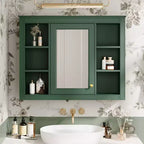 Meuble de salle de bain mural avec miroir, 6 étagères ouvertes, 70 cm, vert moderne