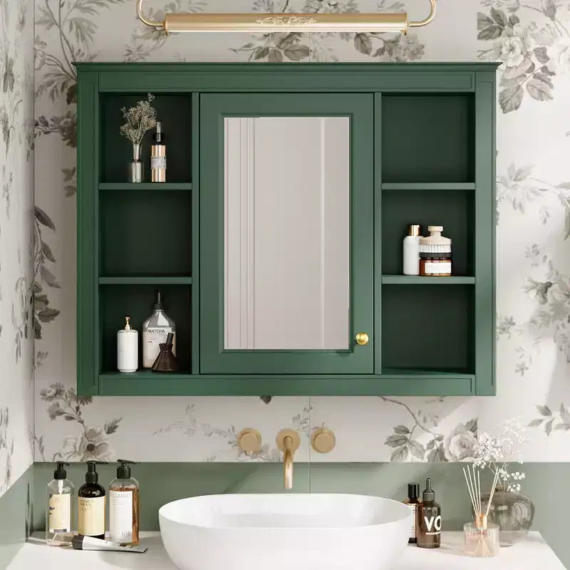 Meuble de salle de bain mural avec miroir, 6 étagères ouvertes, 70 cm, vert moderne