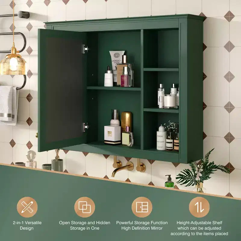 Meuble de salle de bain mural avec miroir, 6 étagères ouvertes, 70 cm, vert moderne