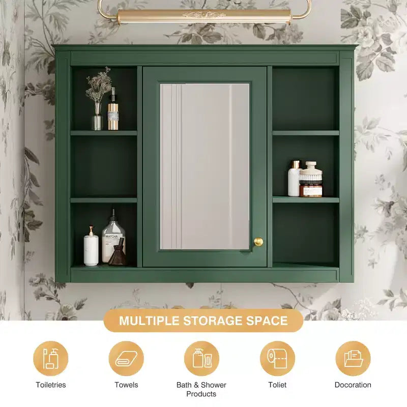 Meuble de salle de bain mural avec miroir, 6 étagères ouvertes, 70 cm, vert moderne