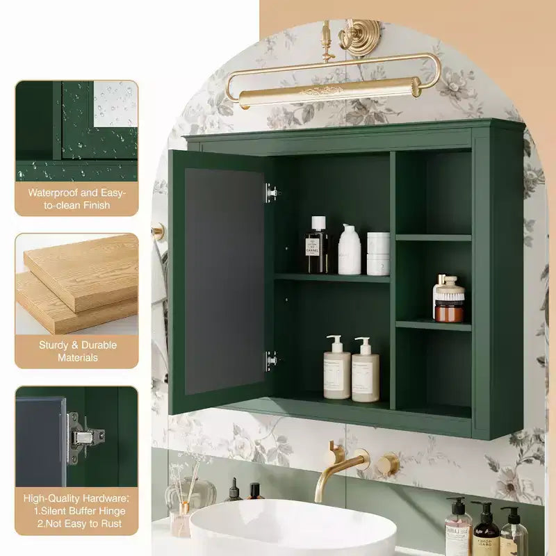 Meuble de salle de bain mural avec miroir, 6 étagères ouvertes, 70 cm, vert moderne