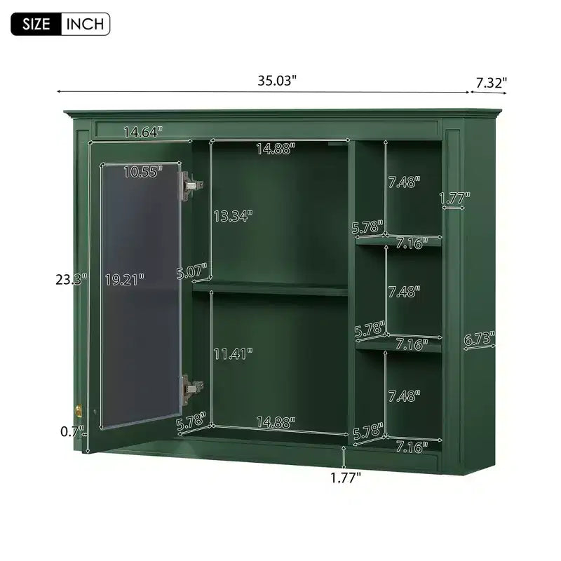 Meuble de salle de bain mural avec miroir, 6 étagères ouvertes, 70 cm, vert moderne