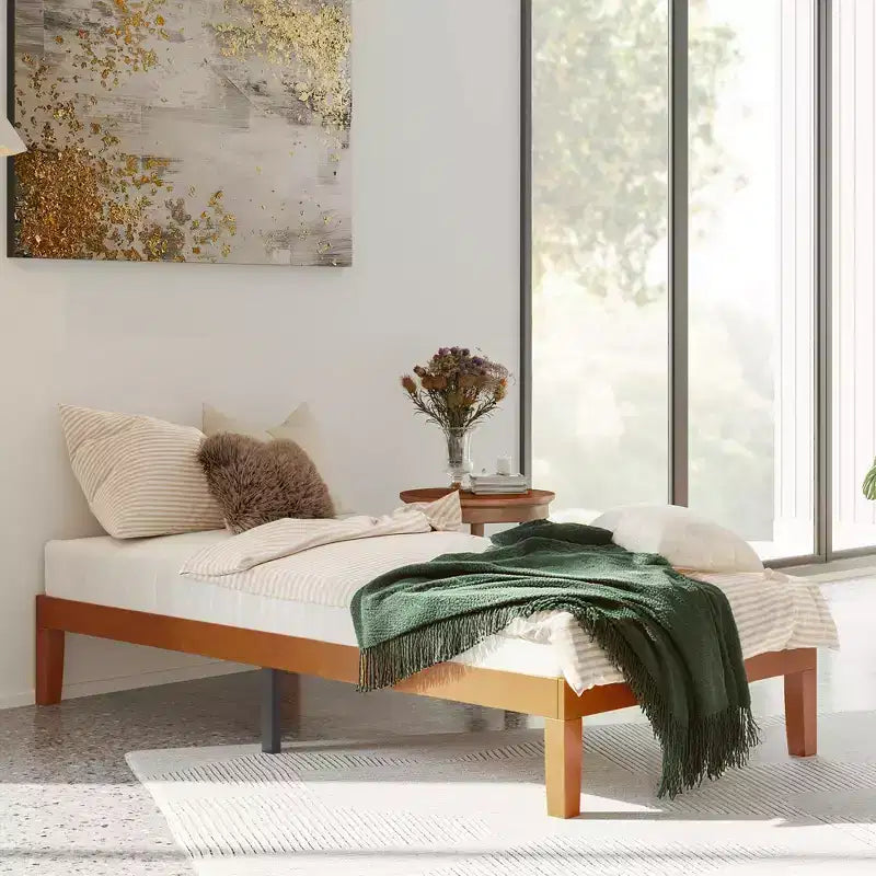 Cadre de lit plateforme en bois massif naturel avec design silencieux, lit de chambre principale, pas besoin de sommier tapissier