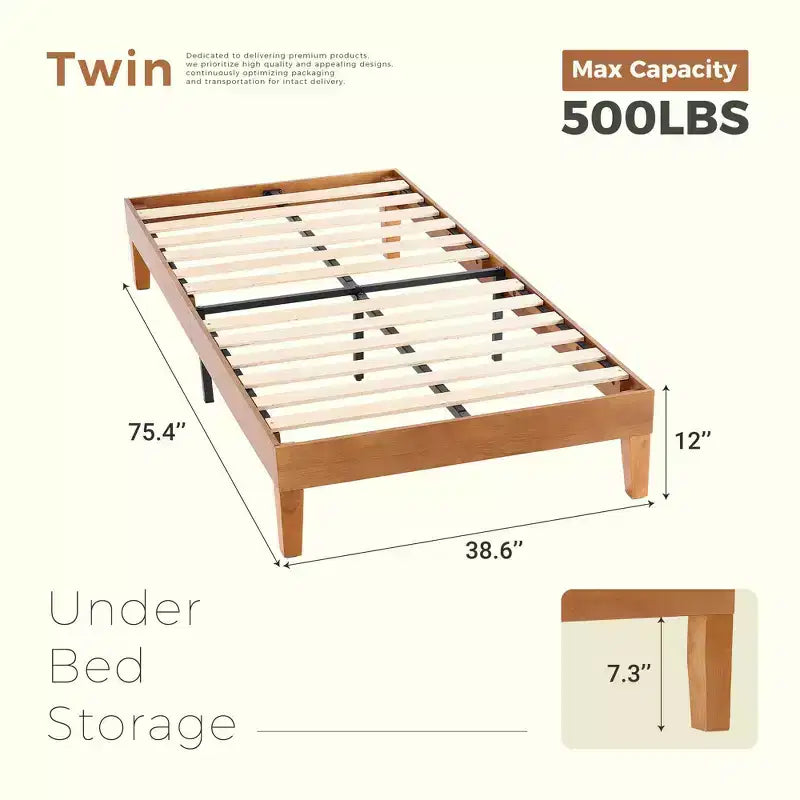 Cadre de lit plateforme en bois massif naturel avec design silencieux, lit de chambre principale, pas besoin de sommier tapissier